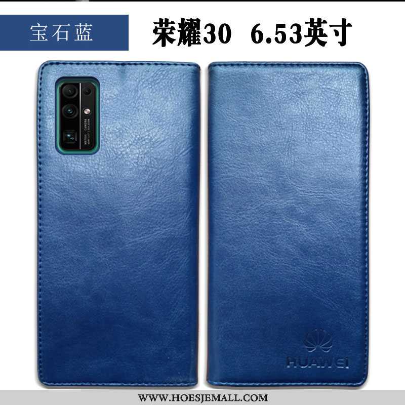 Hoesje Honor 30 Leren Echt Leer Anti-fall Folio Mobiele Telefoon Eenvoudige Donkerblauwe