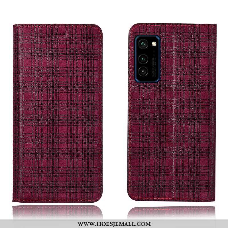 Hoesje Honor View30 Pro Leren Patroon Folio Anti-fall Fluweel Geruit Mobiele Telefoon Bordeaux