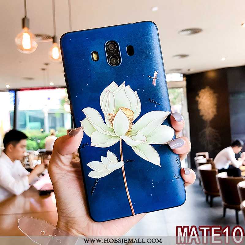 Hoesje Huawei Mate 10 Reliëf Zacht Hoes Ring Bloemen Anti-fall Blauwe