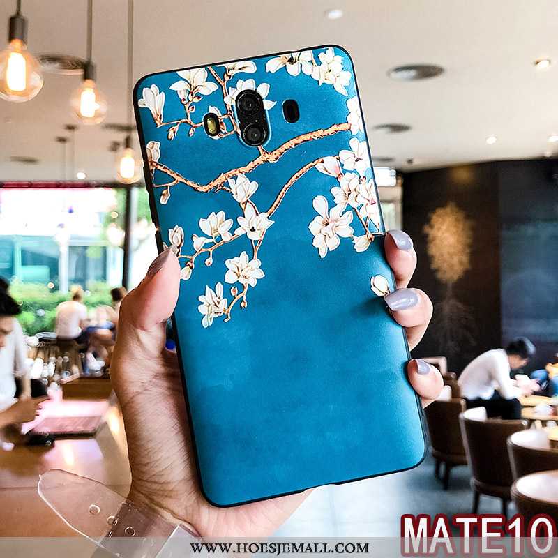 Hoesje Huawei Mate 10 Reliëf Zacht Hoes Ring Bloemen Anti-fall Blauwe