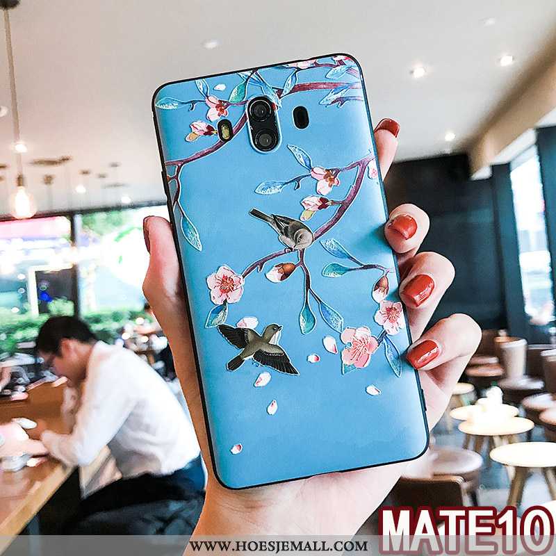 Hoesje Huawei Mate 10 Reliëf Zacht Hoes Ring Bloemen Anti-fall Blauwe