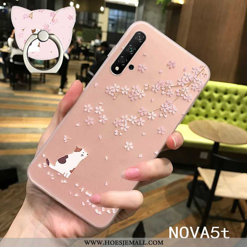 Hoesje Huawei Nova 5t Zacht Siliconen Dun Reliëf Roze Persoonlijk Doorzichtig
