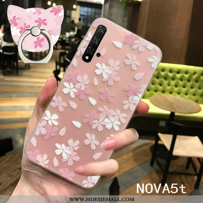 Hoesje Huawei Nova 5t Zacht Siliconen Dun Reliëf Roze Persoonlijk Doorzichtig