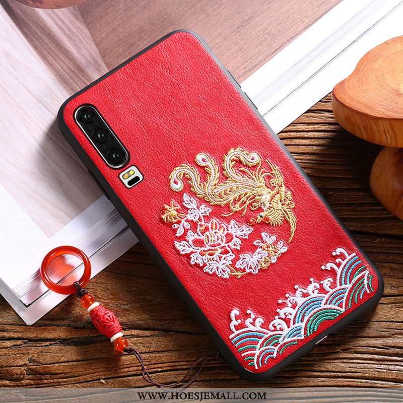 Hoes Huawei P30 Borduurwerk Reliëf Net Red Trend Paleis Patroon Hoesje Rood