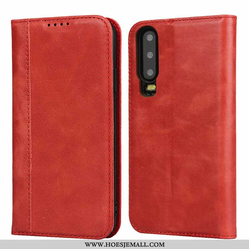 Hoesje Huawei P30 Bescherming Echt Leer Kaart Rood Folio Anti-fall