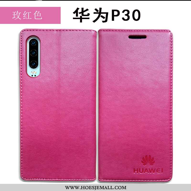 Hoes Huawei P30 Echt Leer Bescherming Antislip Leren Hoesje Folio Rood Anti-fall Donkerblauwe