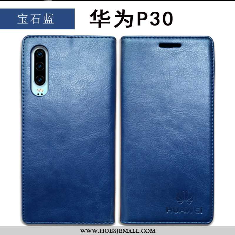 Hoes Huawei P30 Echt Leer Bescherming Antislip Leren Hoesje Folio Rood Anti-fall Donkerblauwe