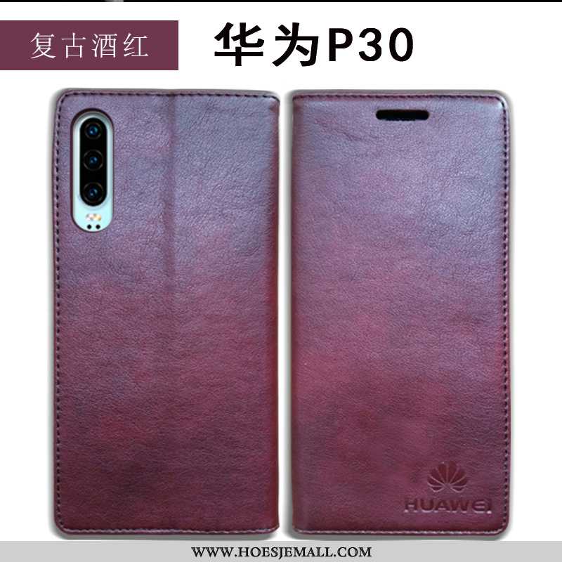 Hoes Huawei P30 Echt Leer Bescherming Antislip Leren Hoesje Folio Rood Anti-fall Donkerblauwe