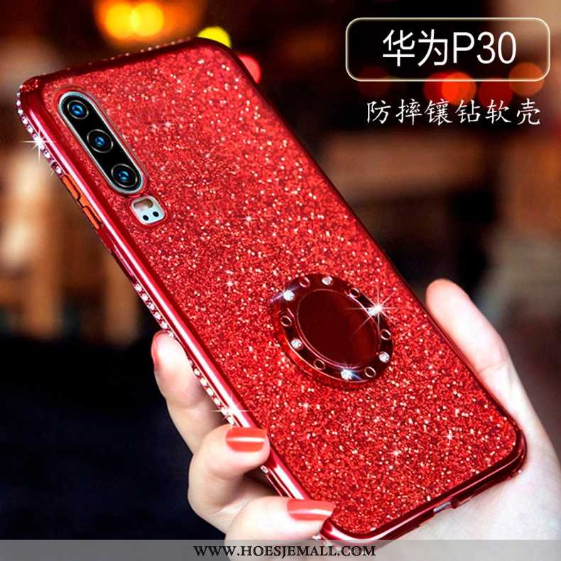 Hoes Huawei P30 Doorzichtig Strass Rood Siliconen Net Red Hoesje