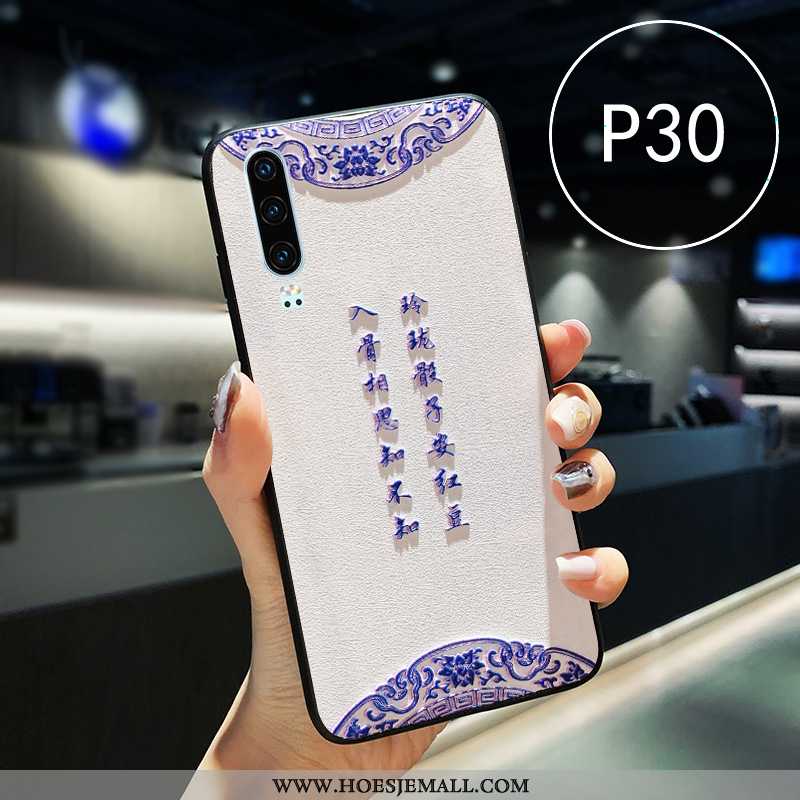 Hoes Huawei P30 Leer Zacht Chinese Stijl Mobiele Telefoon Siliconen All Inclusive Blauwe