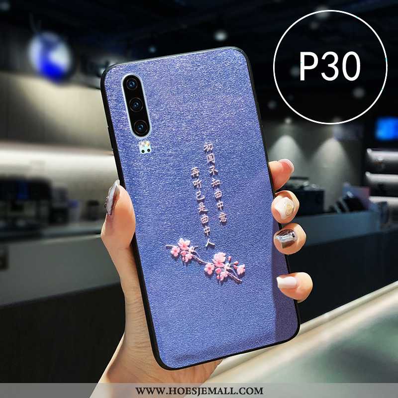 Hoes Huawei P30 Leer Zacht Chinese Stijl Mobiele Telefoon Siliconen All Inclusive Blauwe