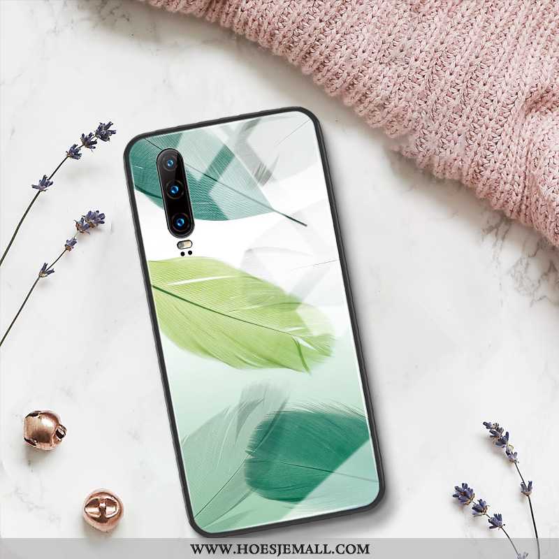 Hoesje Huawei P30 Trend Siliconen Groen Eenvoudige Glas Mobiele Telefoon Anti-fall