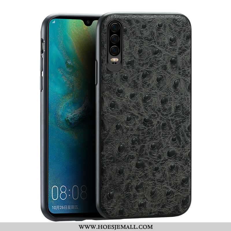 Hoesje Huawei P30 Patroon Bescherming Vogel Zwart High End Echt Leer Mobiele Telefoon Zwarte