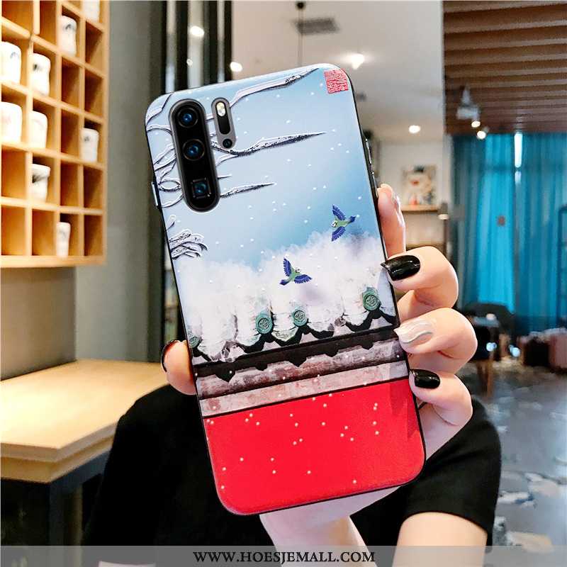 Hoesje Huawei P30 Pro Trend Siliconen Kraanvogel Hoes Wind Bescherming Reliëf Blauwe