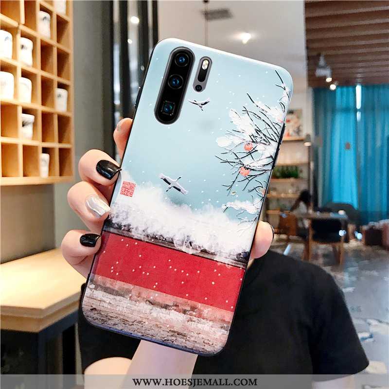 Hoesje Huawei P30 Pro Trend Siliconen Kraanvogel Hoes Wind Bescherming Reliëf Blauwe