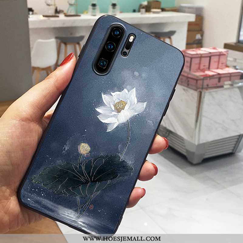 Hoesje Huawei P30 Pro Dun Zacht Mobiele Telefoon Chinese Stijl Reliëf All Inclusive Donkerblauwe