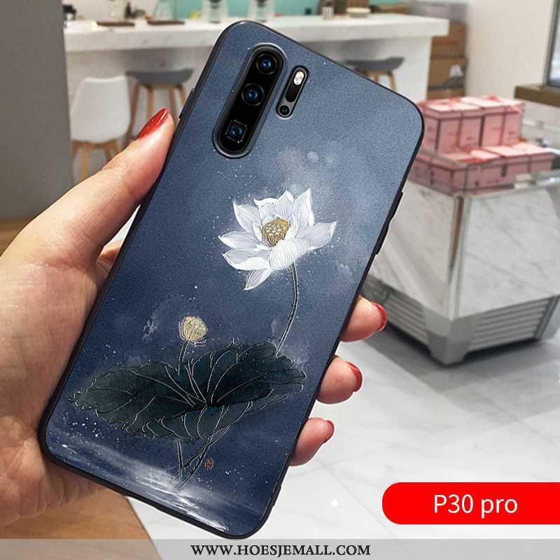 Hoesje Huawei P30 Pro Dun Zacht Mobiele Telefoon Chinese Stijl Reliëf All Inclusive Donkerblauwe