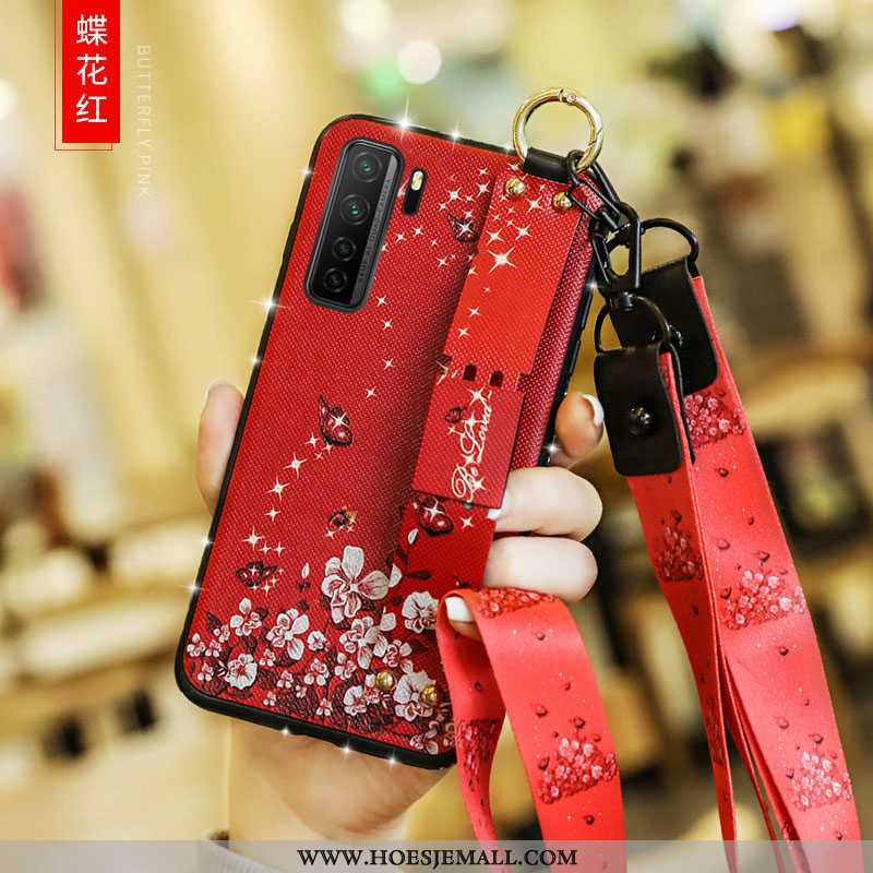 Hoes Huawei P40 Lite 5g Hanger Opknoping Nek Leren Hoesje Bescherming Strass Mobiele Telefoon Roos