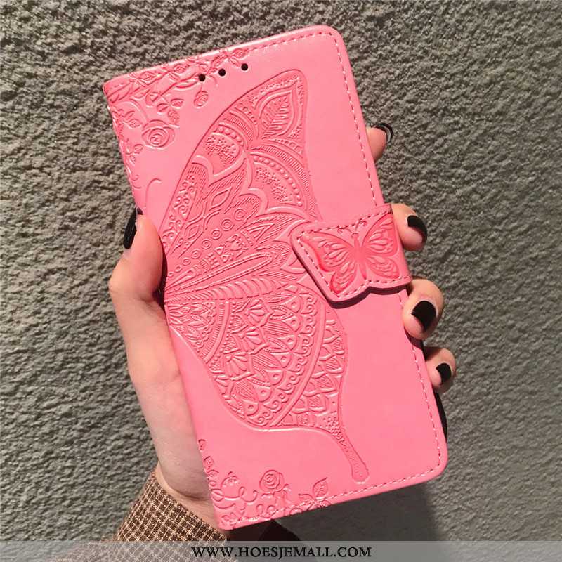 Hoes Huawei P40 Lite Hanger Reliëf Bescherming Hoesje Effen Kleur Vlinder Roze