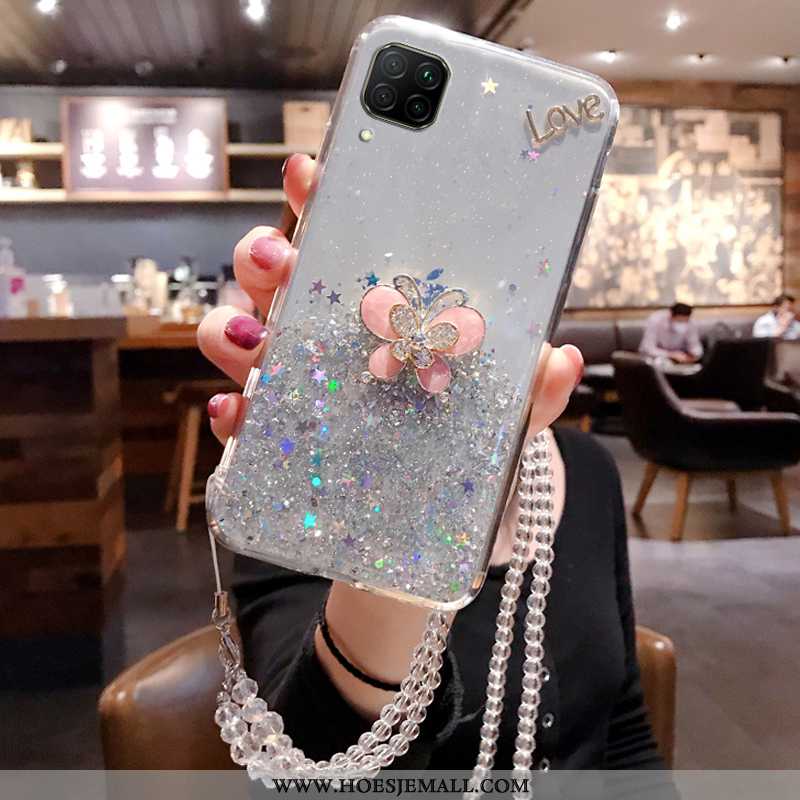 Hoes Huawei P40 Lite Strass Opknoping Nek Mobiele Telefoon Hoesje Skärmskydd Luxe Tempereren Roze