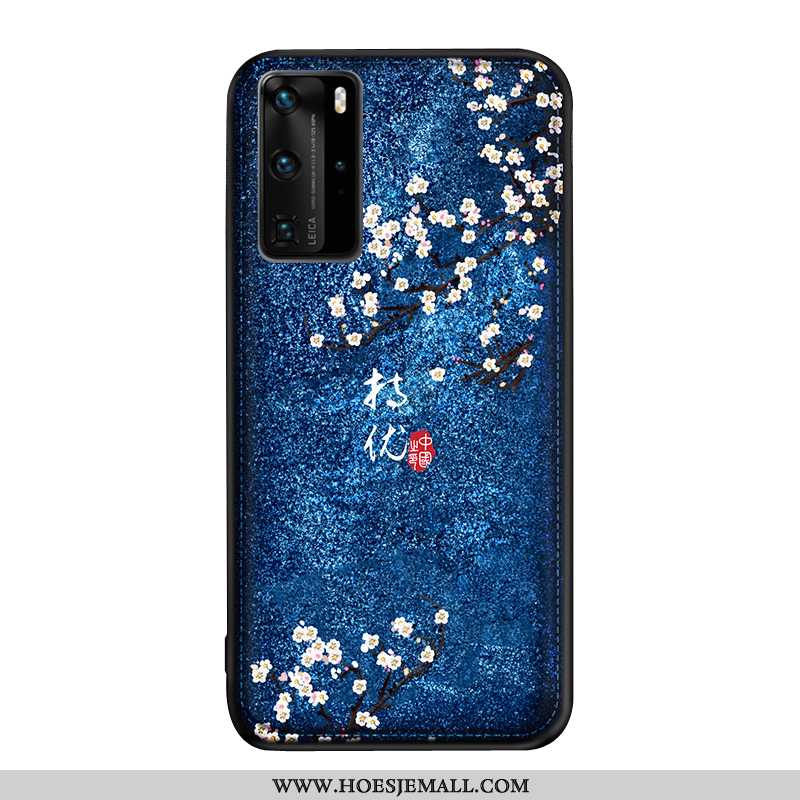 Hoes Huawei P40 Pro Trend Bescherming Chinese Stijl Patroon Kunst Leer Reliëf Donkerblauwe