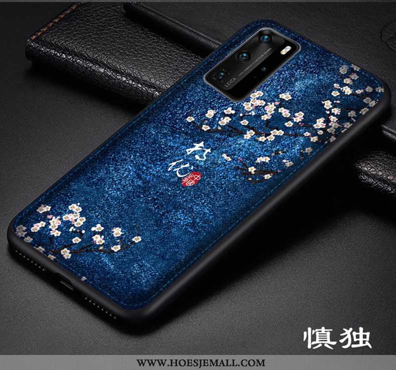 Hoes Huawei P40 Pro Trend Bescherming Chinese Stijl Patroon Kunst Leer Reliëf Donkerblauwe