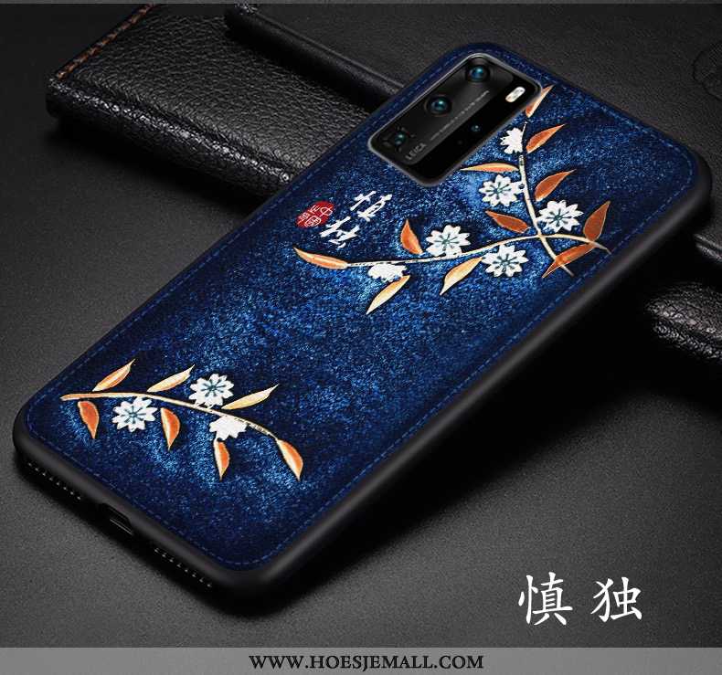 Hoes Huawei P40 Pro Trend Bescherming Chinese Stijl Patroon Kunst Leer Reliëf Donkerblauwe