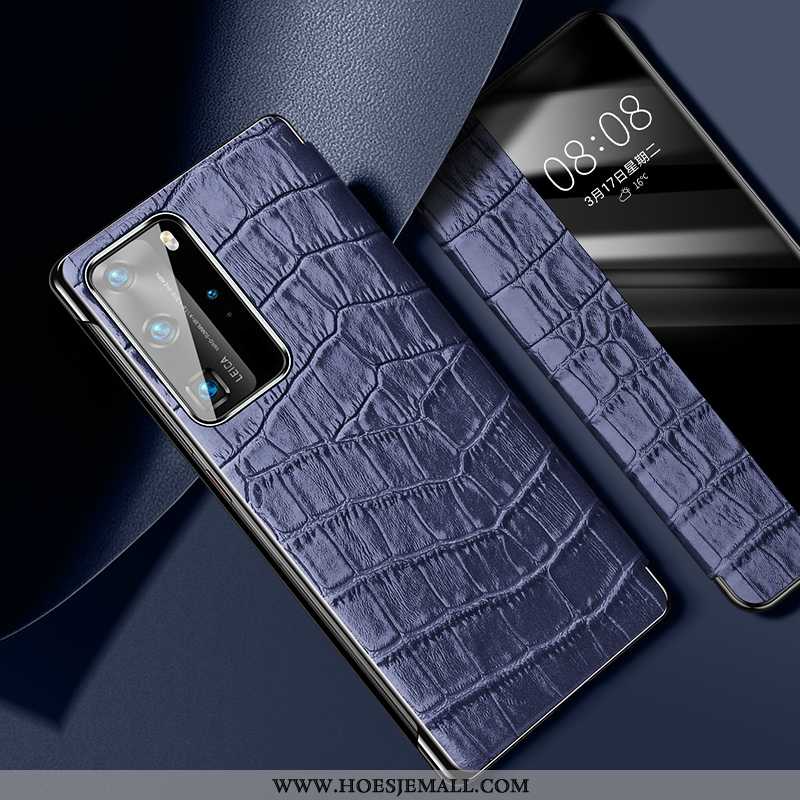 Hoes Huawei P40 Pro Patroon Trend High End Leer Bedrijf Mobiele Telefoon Koe Donkerblauwe