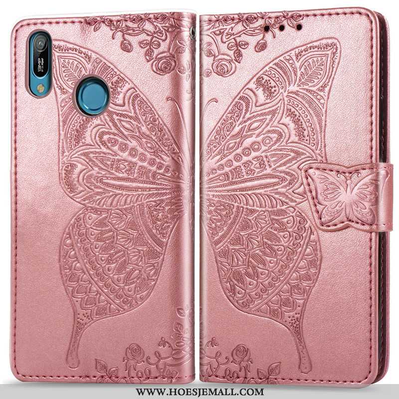 Hoesje Huawei Y6s Reliëf Mooie Bloemen Leren Hanger Mobiele Telefoon Roze