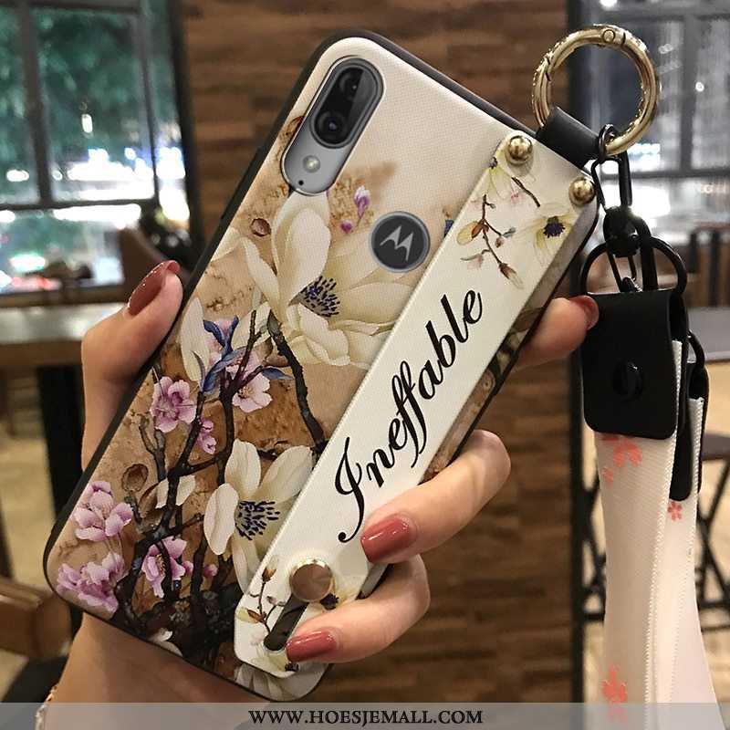 Hoes Moto E6 Plus Hanger Scheppend Donkerblauw Bloemen Mobiele Telefoon Hoesje Zacht Donkerblauwe