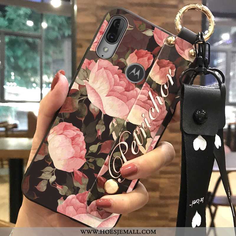 Hoes Moto E6 Plus Hanger Scheppend Donkerblauw Bloemen Mobiele Telefoon Hoesje Zacht Donkerblauwe