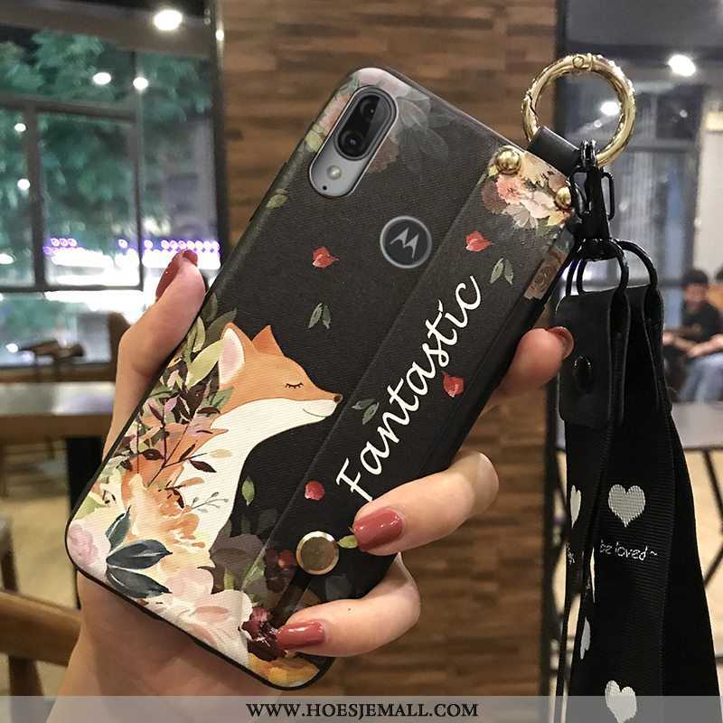 Hoes Moto E6 Plus Hanger Scheppend Donkerblauw Bloemen Mobiele Telefoon Hoesje Zacht Donkerblauwe