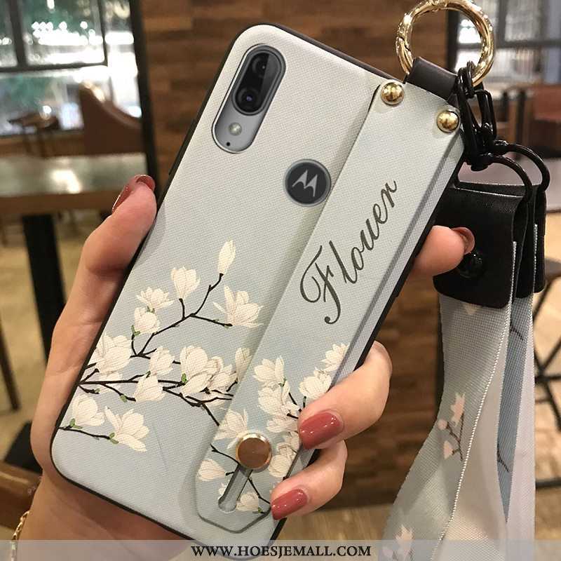 Hoes Moto E6 Plus Hanger Scheppend Donkerblauw Bloemen Mobiele Telefoon Hoesje Zacht Donkerblauwe