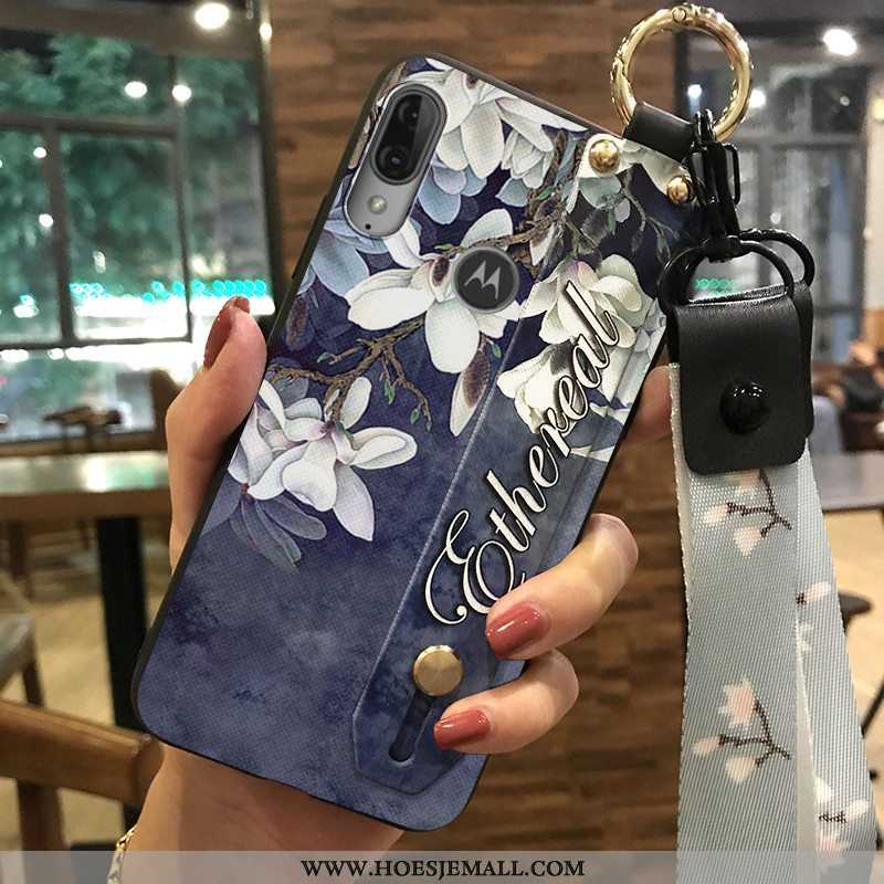 Hoes Moto E6 Plus Hanger Scheppend Donkerblauw Bloemen Mobiele Telefoon Hoesje Zacht Donkerblauwe