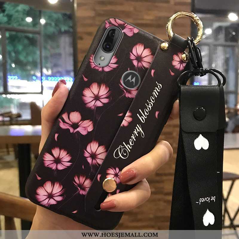 Hoes Moto E6 Plus Hanger Scheppend Donkerblauw Bloemen Mobiele Telefoon Hoesje Zacht Donkerblauwe