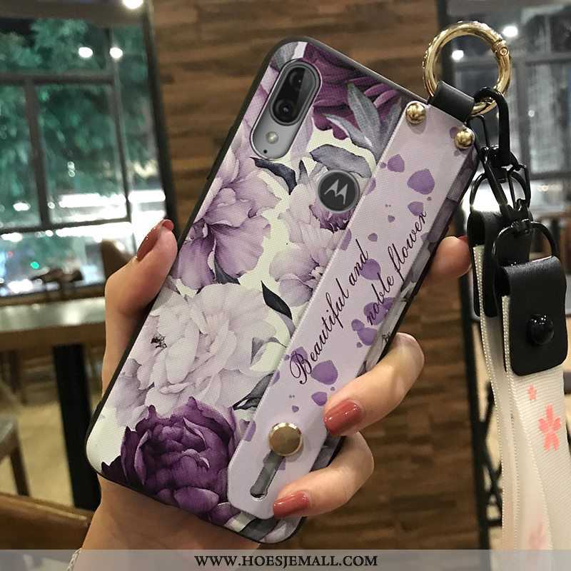 Hoes Moto E6 Plus Hanger Scheppend Donkerblauw Bloemen Mobiele Telefoon Hoesje Zacht Donkerblauwe