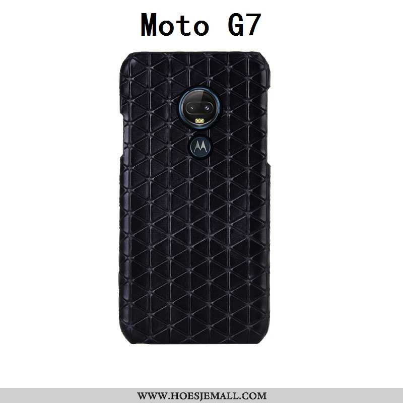 Hoes Moto G7 Mode Luxe Leer Echt Leer Zwart Achterklep Geruit Zwarte