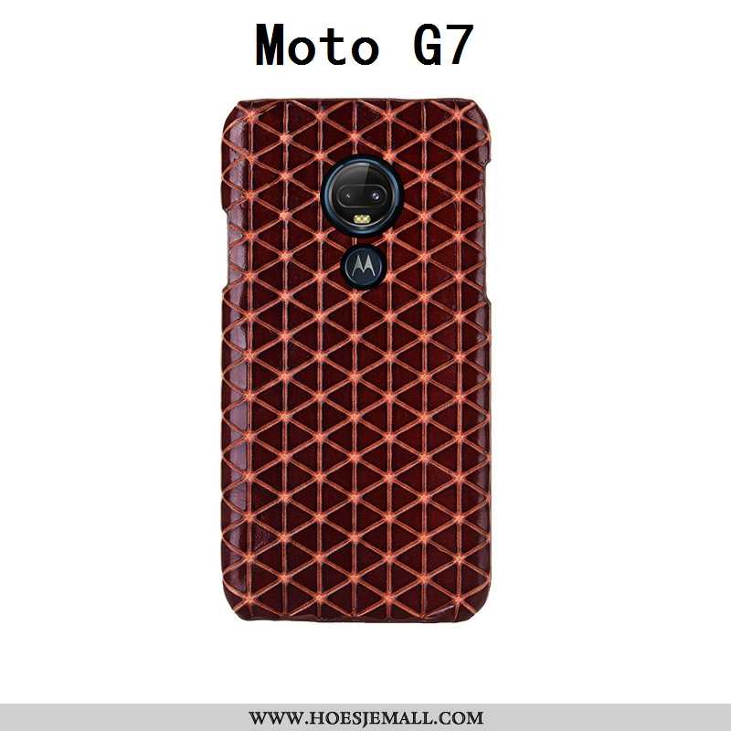 Hoes Moto G7 Mode Luxe Leer Echt Leer Zwart Achterklep Geruit Zwarte