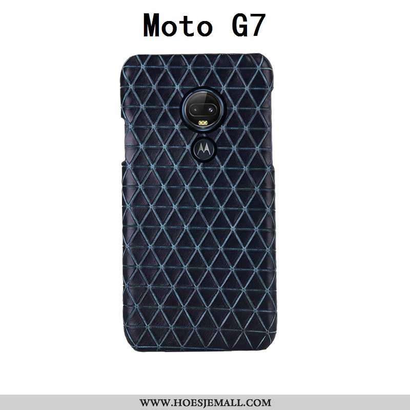 Hoes Moto G7 Mode Luxe Leer Echt Leer Zwart Achterklep Geruit Zwarte