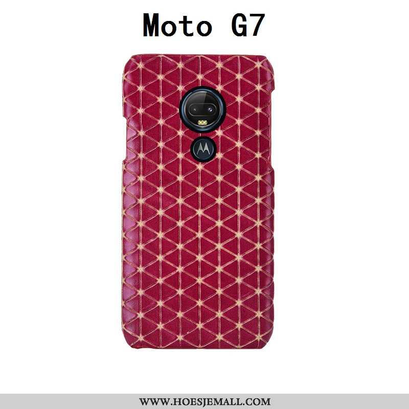 Hoes Moto G7 Mode Luxe Leer Echt Leer Zwart Achterklep Geruit Zwarte