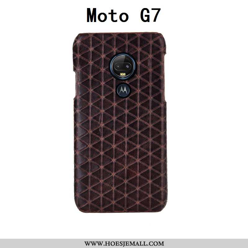 Hoes Moto G7 Mode Luxe Leer Echt Leer Zwart Achterklep Geruit Zwarte