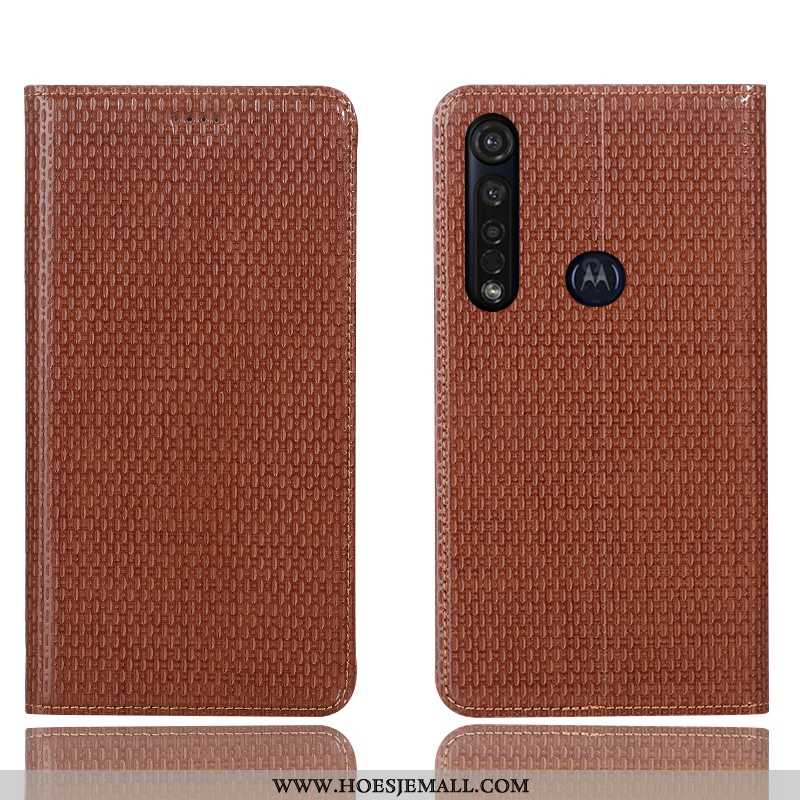 Hoesje Moto G8 Plus Bescherming Echt Leer Mobiele Telefoon Folio Zwart All Inclusive Hoes Zwarte