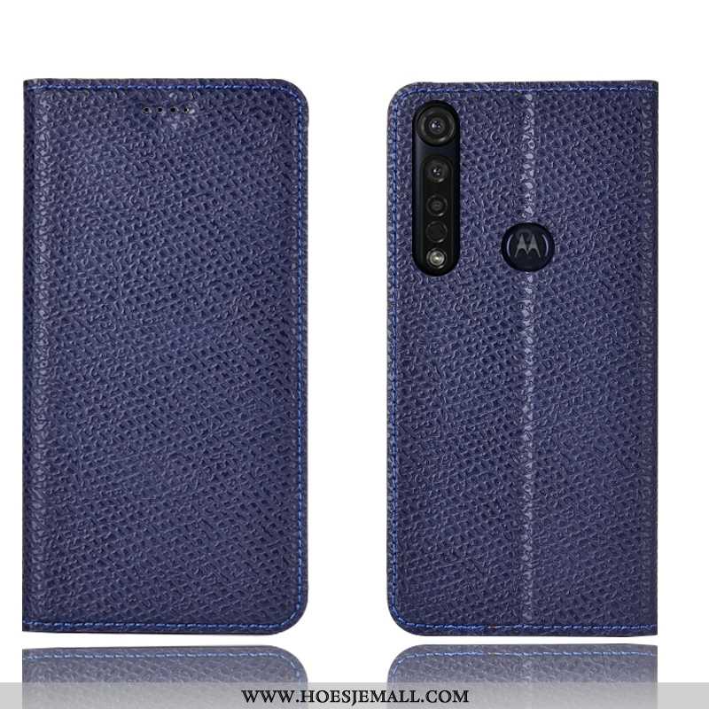 Hoesje Moto G8 Plus Patroon Bescherming Mobiele Telefoon Echt Leer Hoes Mesh Donkerblauwe