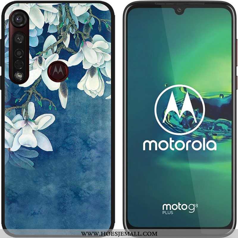 Hoesje Moto G8 Plus Zacht Schrobben Hete Verkoop Pu Spotprent Zwart Scheppend Blauwe