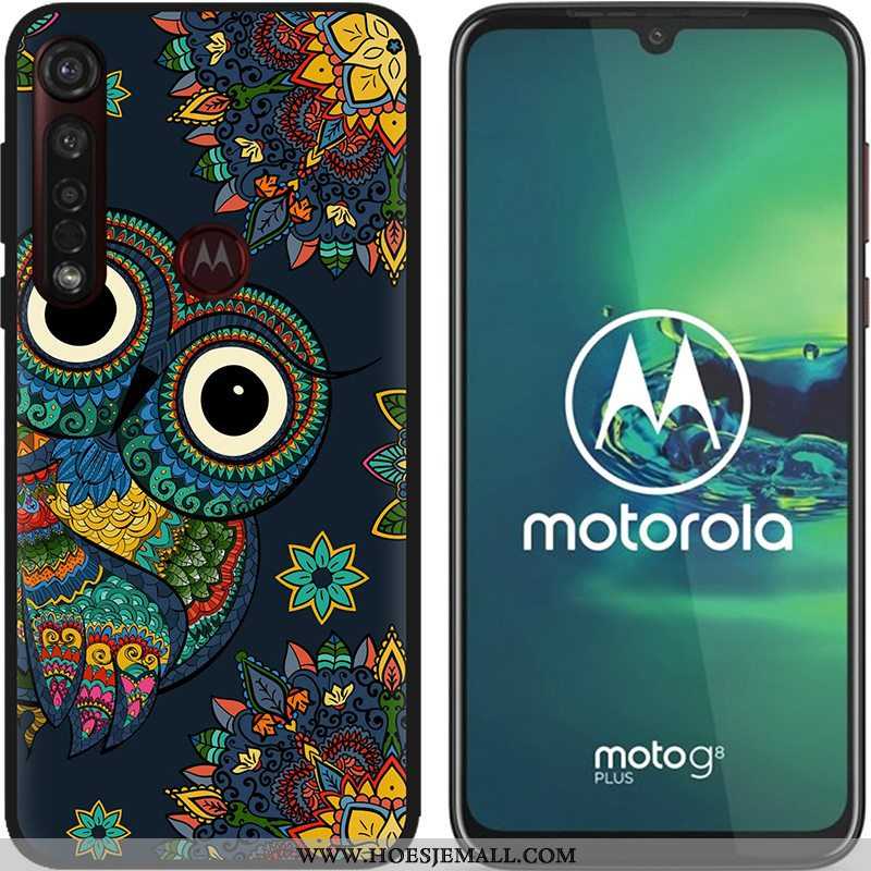 Hoesje Moto G8 Plus Zacht Schrobben Hete Verkoop Pu Spotprent Zwart Scheppend Blauwe