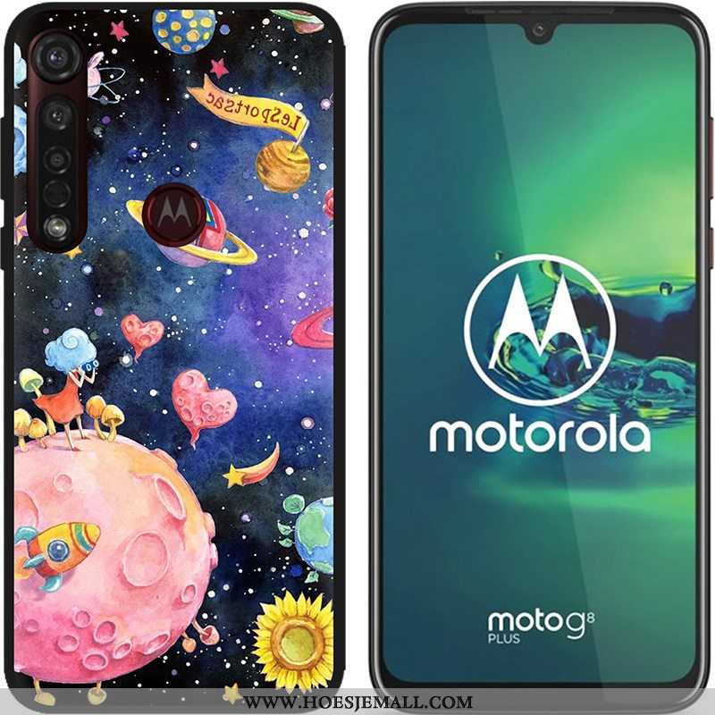 Hoesje Moto G8 Plus Zacht Schrobben Hete Verkoop Pu Spotprent Zwart Scheppend Blauwe