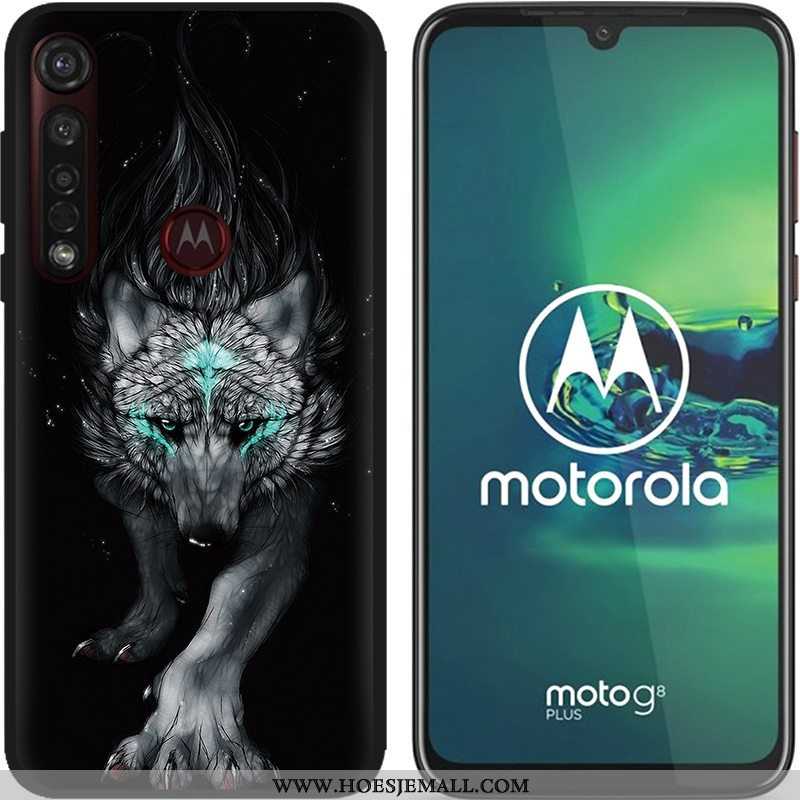 Hoesje Moto G8 Plus Zacht Schrobben Hete Verkoop Pu Spotprent Zwart Scheppend Blauwe