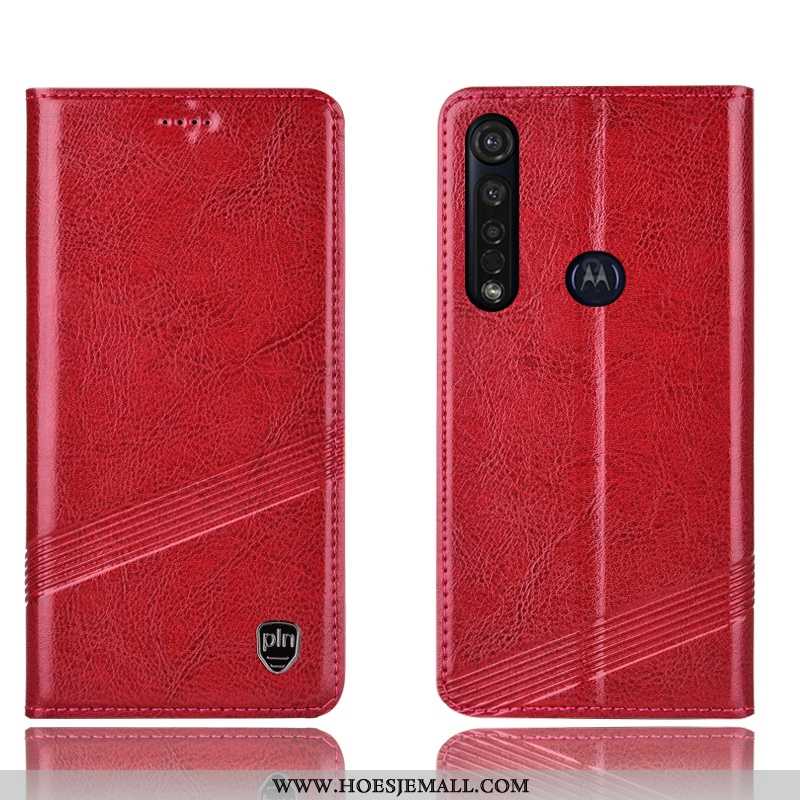 Hoes Moto G8 Plus Bescherming Echt Leer Rood Mobiele Telefoon Folio Hoesje