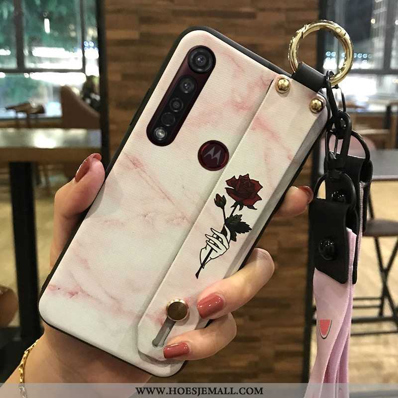 Hoesje Moto G8 Plus Bescherming Hanger Roze Mobiele Telefoon Bloemen Ondersteuning