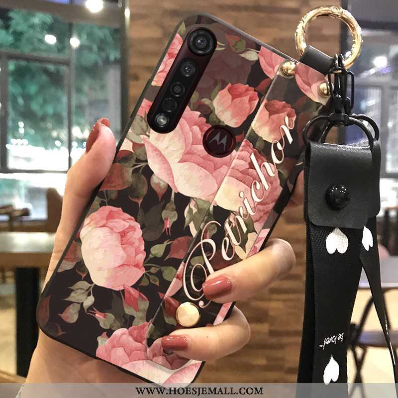 Hoesje Moto G8 Plus Bescherming Hanger Roze Mobiele Telefoon Bloemen Ondersteuning